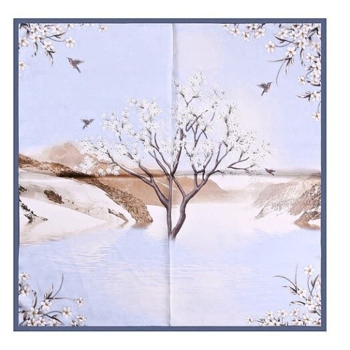 Esarfa satin peisaj albastru floral