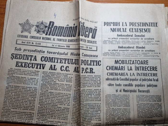 romania libera 4 februarie 1988-sedinta comitetului politic executiv al PCR