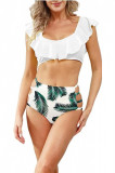 Costum de baie pentru femei, 2 piese, sutien cu volane, si slip modern, XXL, imprimeu alb cu frunze verzi, perfect pentru plaja sau inot, Oem