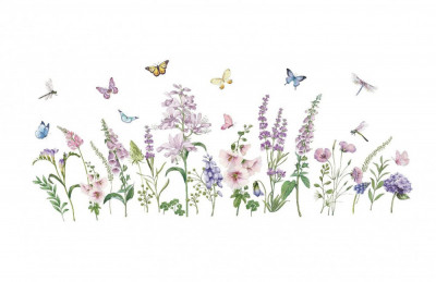 Sticker decorativ cu Flori mov cu fluturi, 120 cm, 1133STK foto