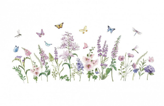 Sticker decorativ cu Flori mov cu fluturi, 120 cm, 1133STK