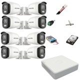 Sistem supraveghere video 8 camere Hikvision ColorVU 5MP, 2.8mm, lumina alba 20m, DVR 8 canale, accesorii montaj, hard disk SafetyGuard Surveillance