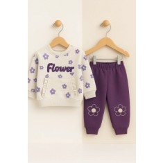 Set bluzita si pantaloni Flower 2 piese, crem mov (Marime Disponibila: 12-18