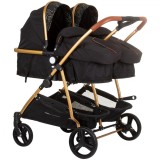 Carucior Gemeni Chipolino Duo Smart 2 in 1 Obsidian Leaves, Landou, Reversibil, Cadru Aluminiu, 0-15kg, Pliere Compacta, Accesorii Incluse
