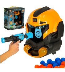 Joc de dexteritate cap de robot, &icirc;mpușcarea la țintă, cu pistol și 12 bile, galben - negru