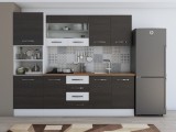 Bucatarie Laura 240, Soldat, Cu vitrina, Wenge/Alb, Blat termic nuc