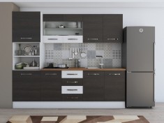 Bucatarie Laura 240, Soldat, Cu vitrina, Wenge/Alb, Blat termic nuc