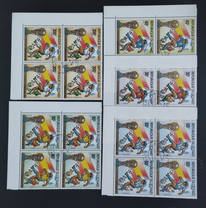 R.DU TCHAD-CAMPIONATUL MONDIAL DE FOTBAL SPANIA-1982-SET 4 X 5 V.IN BLOC DE 4.-OBLITERAT-DANTELAT-CTO - EP 202A