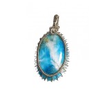 B336. Pandantivul Unicat Larimar Oval, fir Argintiu, Bleu, 4.4 cm