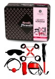 Cumpara ieftin Set BDSM Secret Play Secret Bondage, Piele Vegană, Roșu/Negru: Bici, Manșete, Căluș, Fr&acirc;nghie, Clemă, Bandă Ochi, Guler