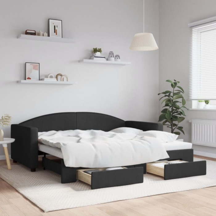 Pat de zi cu extensie și sertare, negru, 90x190cm, textil