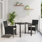 Set de Masă pentru Grădină vidaXL cu Perne Ratan Sintetic Negru, Masa vidaXL Neagră 80x80x73 cm cu Sticlă Temperată