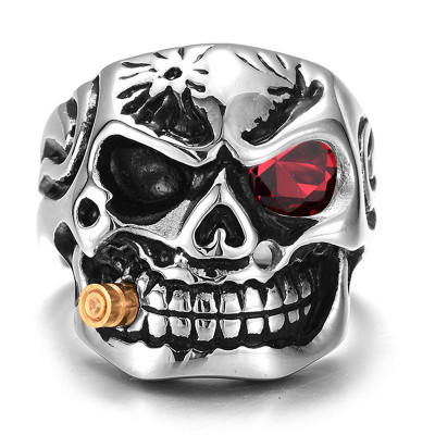 Inel metalic model craniu si ochi din piatra rosie foto