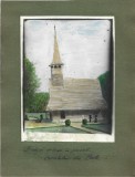 A3992N Biserică de lemn &icirc;n parcul castelului din Balc (județul Bihor), fotografie colorizată manual cu acuarele, perioada interbelică