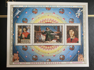 PC89 - Mongolia 1973 Aniversare 500 ani Nicholas Copernicus, Colita MNH, 3v foto