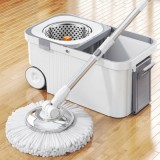 Cumpara ieftin Set mop rotativ 360&deg;, galeata centrifuga din inox, 4 rezerve, sistem evacuare apa, din inox si plastic, alb/gri