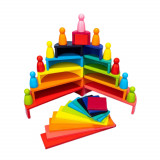 Set 45 piese din lemn tip Montessori, Rainbow Building Block