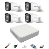 Sistem supraveghere Hikvision 4 camere 5MP 2.8mm ColorVU, lumina alba 20m, DVR 4 canale, accesorii, hard disk 1TB