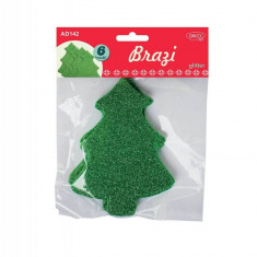 Brazi Spuma Glitter DACO, 13x10 cm, 6 Buc/Set, Verde, Accesorii Craft, Accesorii Creatie, Brazi din Spuma, Brad din Spuma, Forme Decorative din Spuma,