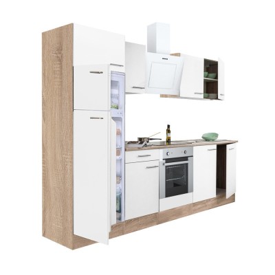 Mobilă de bucătărie Yorki 270, corp din stejar sonoma, față alb satinat, element cuptor inferior, frigider congelator superior foto