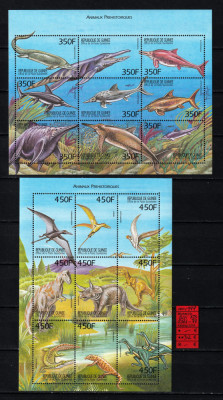 Timbre Guineea, 1999 | Animale preistorice - Dinozauri, peşti | 2 Coli MNH | aph foto