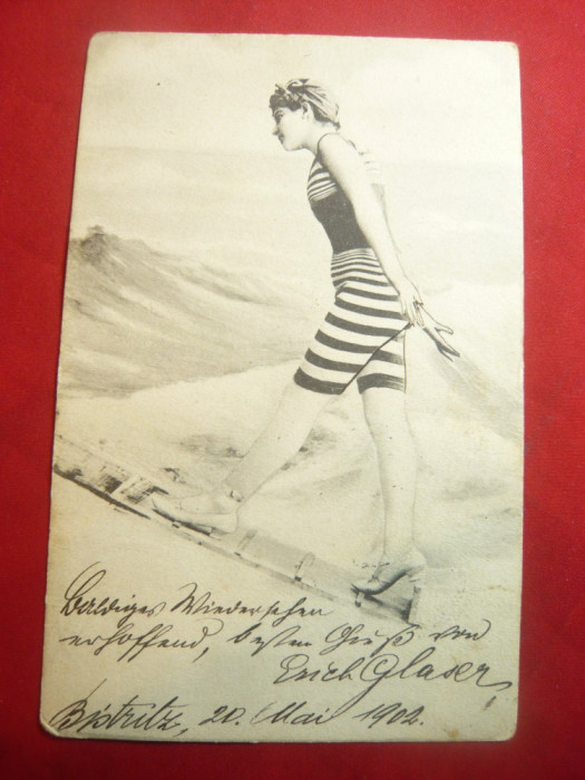 Ilustrata - Femeie in costum de baie 1902 francata cu per. 5 filler ,circ.Tulcea