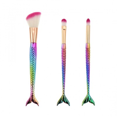 Set 3 pensule pentru machiaj flippy, in forma de sirena, electroplacate, detalii fine, maner ergonomic, peri din fibra moale, multicolor foto