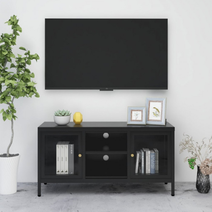 Dulap TV, negru, 105x35x52 cm, otel si sticla GartenMobel Dekor