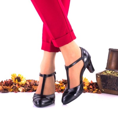 Pantofi dama, eleganti, din piele naturala si piele naturala lacuita, negri, toc 7cm - NAA97CM foto