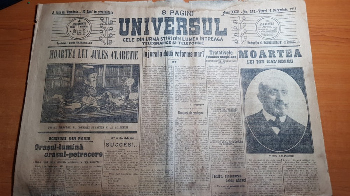 ziarul universul 13 decembrie 1913 - moartea lui ion kalinderu