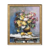 Tablou carafa cu crizanteme pictat manual inramat, Puritate, 65x55cm ulei pe panza, rama din lemn, Geo Ungureanu