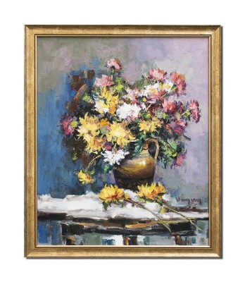 Tablou carafa cu crizanteme pictat manual inramat, Puritate, 65x55cm ulei pe panza, rama din lemn, Geo Ungureanu foto