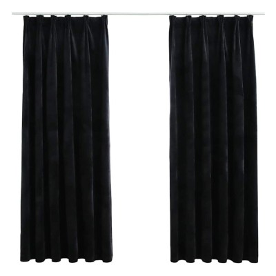 Draperii opace cu carlige, 2 buc., negru, 140x175 cm, catifea foto