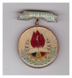 Insigna pioniereasca Pionier de frunte, mare (plastifiata, 32 mm diametrul), Romania de la 1950