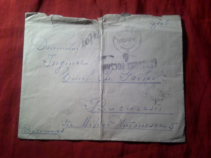 Plic circulat 1942 Focsani - Bucuresti catre Ing. Emil Grigore Goilav , Recomandat , Cenzura Focsani