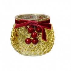 Suport pentru lumanare Velvet ribbon and berry, Decoris, 8x7 cm, sticla, auriu