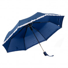 Umbrela pliabila bleumarin cu mici inimioare albe, margine fronsata alba, deschidere automata, ? 112cm foto