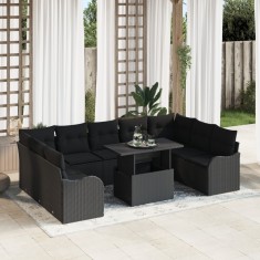 Set de canapele pentru gradina Gossi din 10 piese cu perne, negru, poliratan, canapea de gradina Gossi pentru 2 persoane cu perne, negru, poliratan