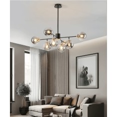 Candelabru cu 8 globuri de sticla fumurie, dulie E27, culoare corp negru cu auriu, diametru 90cm