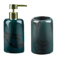 Set de baie, 2 piese, Dozator sapun, Pahar, Ceramica, Verde foto