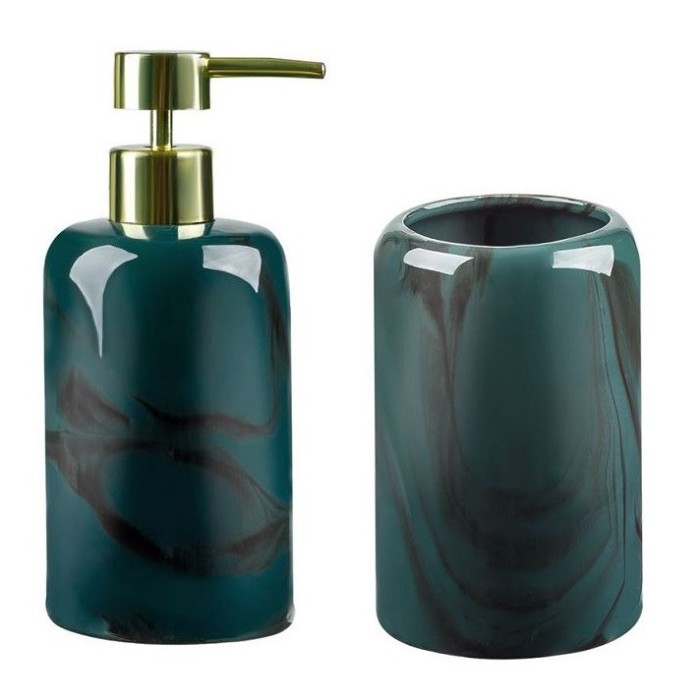 Set de baie, 2 piese, Dozator sapun, Pahar, Ceramica, Verde
