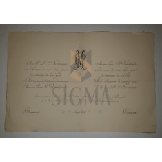 INVITATIE DE NUNTA, MARIA ( fiica Doctorului C. Severeano ) cu Locotenent de Marina Petre Demetriade , Craiova, 1893