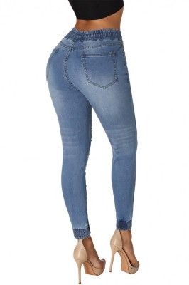 G681-411 Pantaloni din denim cu talie pe elastic si taieturi foto