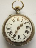 j005 Ceas de buzunar elvetian SYSTEME ROSKOPF PATENT anii 1920 din METAL ALB 53mm 103g frumos cu cifre romane functional