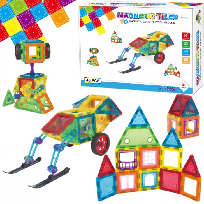 Set de Constructie, Magnetic Tiles 3D, 48 Piese colorate, Jucarie Creativa si Educationala STEM VisionHub&reg;, multiple forme de constructie, Dezvoltarea