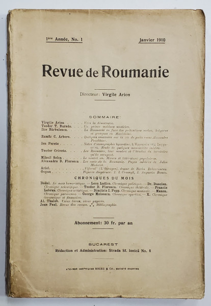 Revue de Roumaine, An 1, Nr. 1 Ianuarie 1910