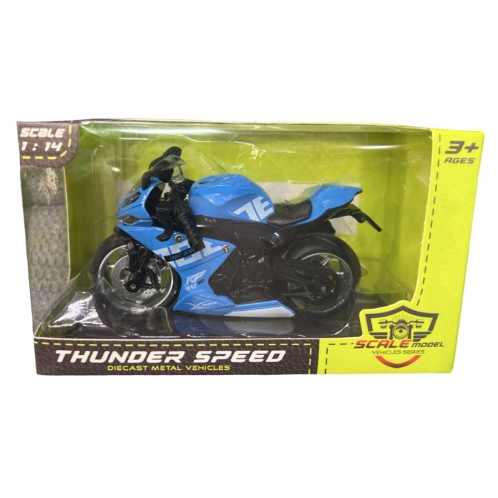 Macheta Motocicleta Thunder Speed 1:14, culoare albastra, cu detalii realiste sunete si lumini