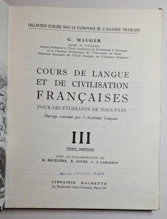 Carte manual &bdquo;Cours de Langue et de Civilisation Fran&ccedil;aises Vol. III&rdquo; G. Mauger