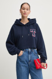 Tommy Jeans hanorac de bumbac femei, culoarea albastru marin, cu glugă, cu imprimeu, DW0DW18653