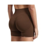 Șorturi de antrenament pentru femei cu elastic de 4.5in, ridicător de fese, fără cusături, tip biker &ndash; Maro &icirc;nchis XS